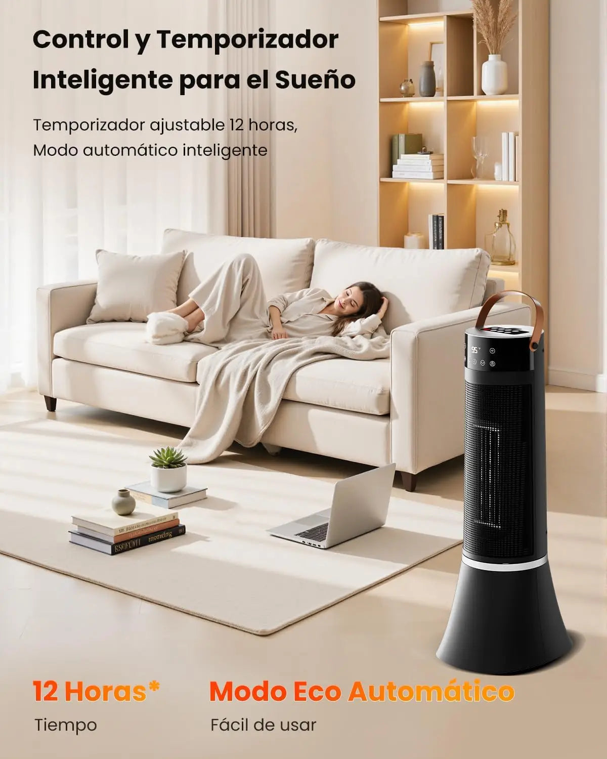 Calefactor Bajo consumption, 2000W Calefactor electric Cerámico PTC, Temporizador 12h, 3 Modos, Control Remoto, Protección Contra Sobrecalentamiento y Vuelco