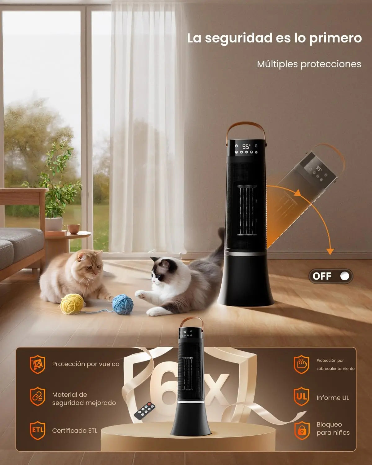 Calefactor Bajo consumption, 2000W Calefactor electric Cerámico PTC, Temporizador 12h, 3 Modos, Control Remoto, Protección Contra Sobrecalentamiento y Vuelco