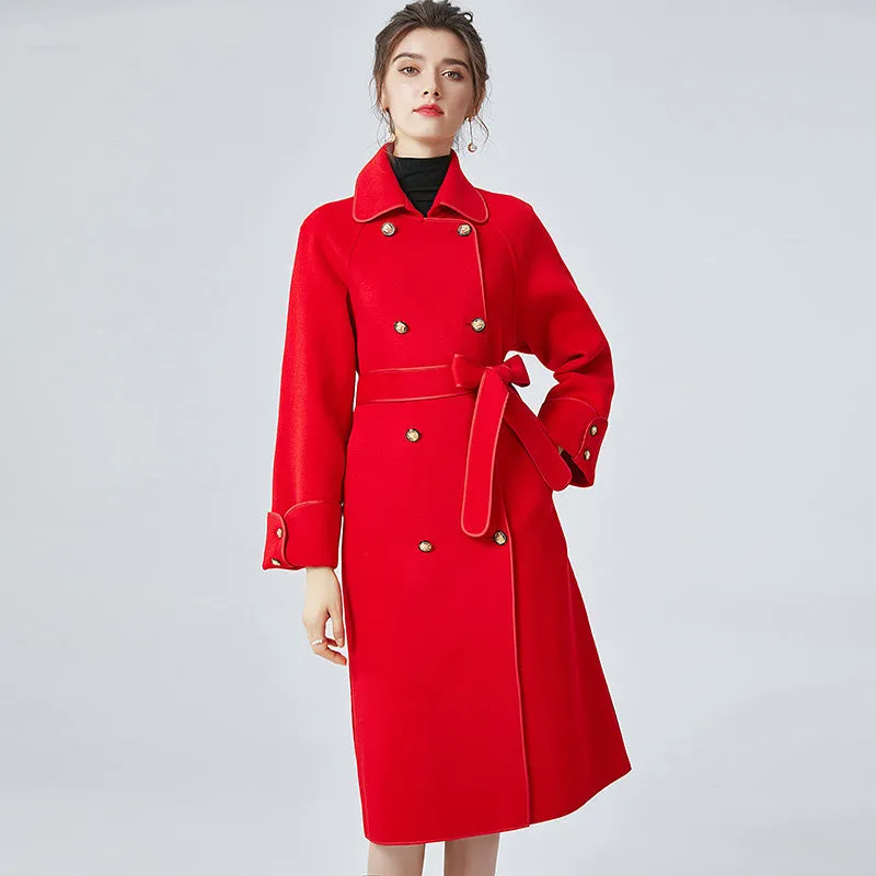 2022 New Women Wool Coats Cashmere Slim Solid Trench Long Coats Belt Winter 4827