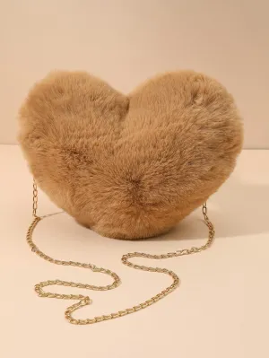 Heart-Shaped Fluffy Crossbody Bag with Chain - Coffee Brown