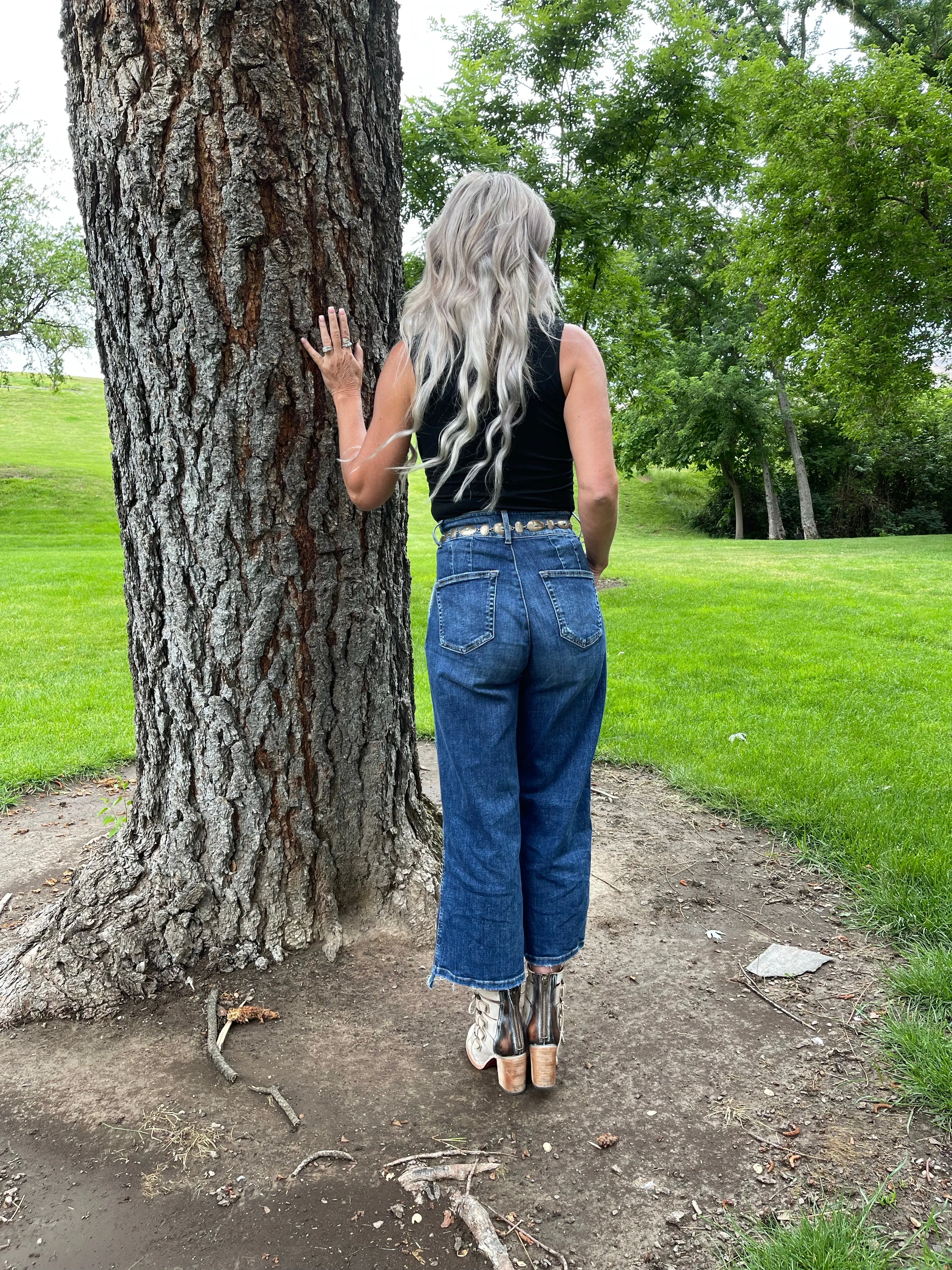 Paisley Pleated High Rise Crop Denim