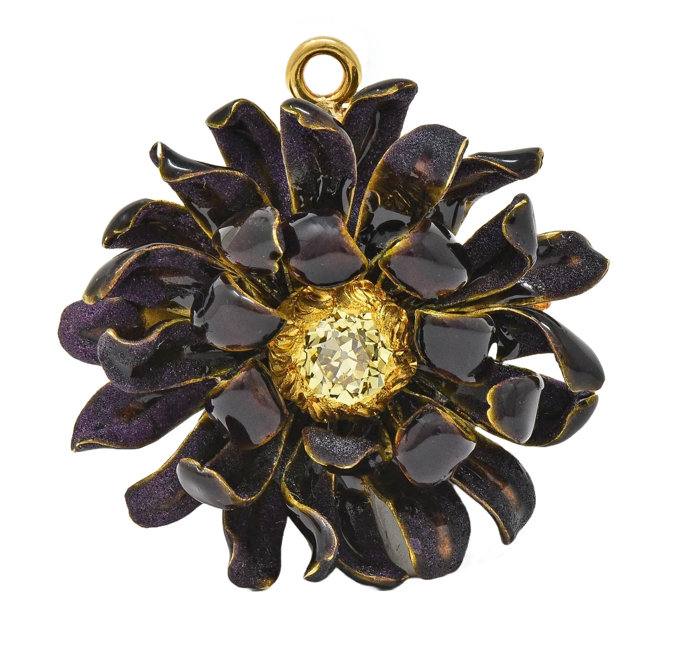 Tiffany & Co. Victorian Fancy Yellow Diamond Enamel 14 Karat Yellow Gold Purple Chrysanthemum Flower Antique Pendant Brooch