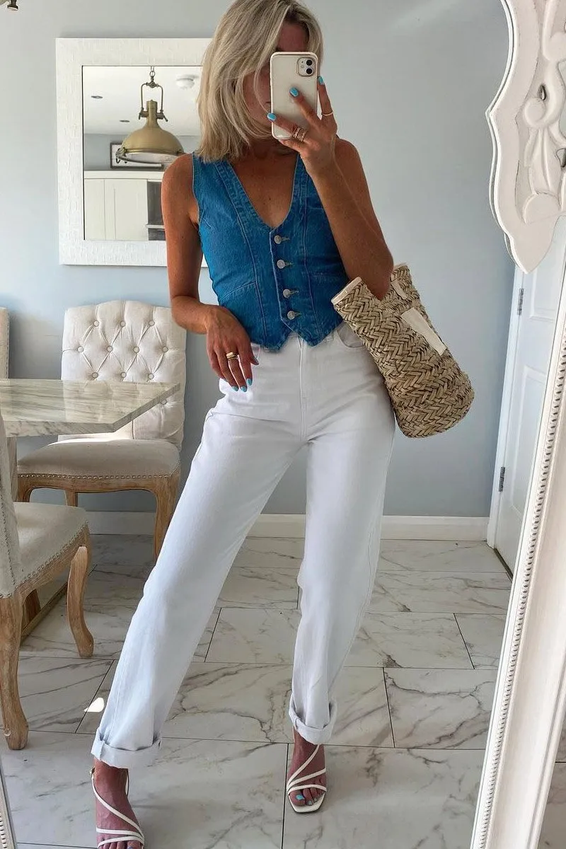 White Denim Extra Long Straight Leg Jeans - Blaise