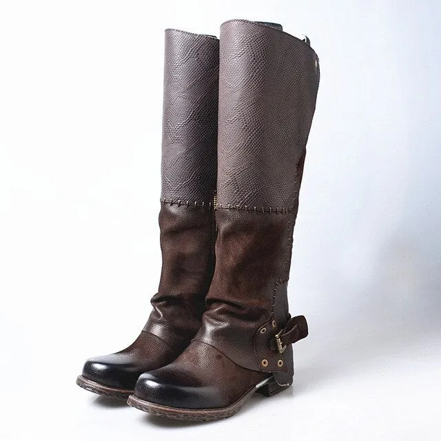 Women Knee High Boots Vinatge Winter Long Boots Genuine Leather Flat Riding Shoes Woman Platform Botas Militares